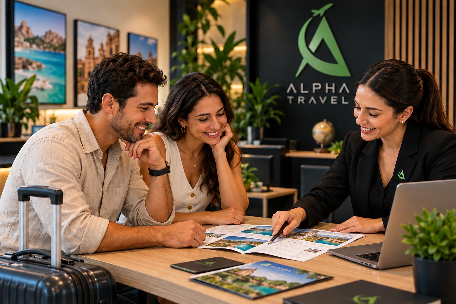 Asesora de Alpha Travel planea un viaje junto a una pareja de viajeros