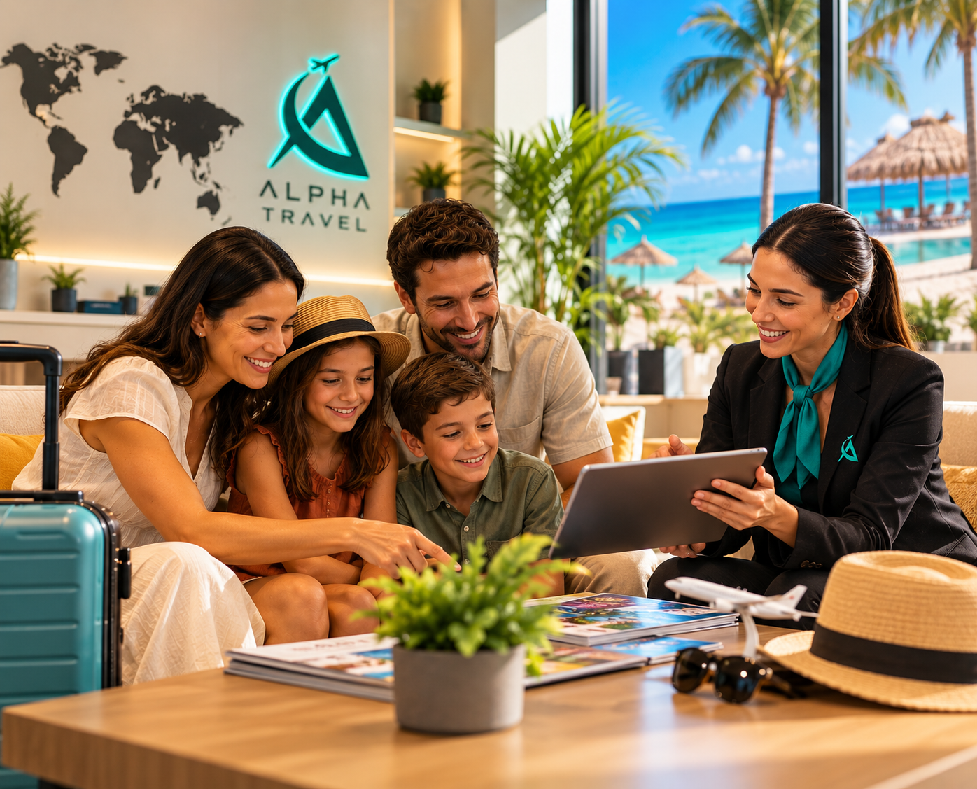 Ejecutiva de Alpha Travel asesora a una familia para planear sus vacaciones