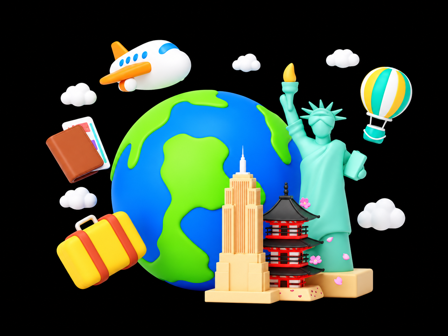 Globo terráqueo, avión y lugares emblemáticos del mundo